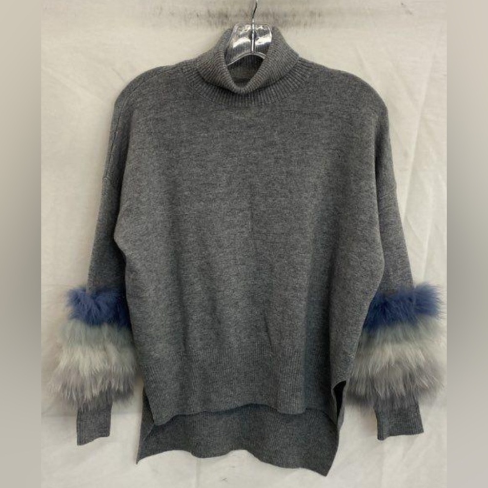 NWT Large Lucchese Gray Turtleneck Wool/Cashmere Blend Sweater with Fur Accents